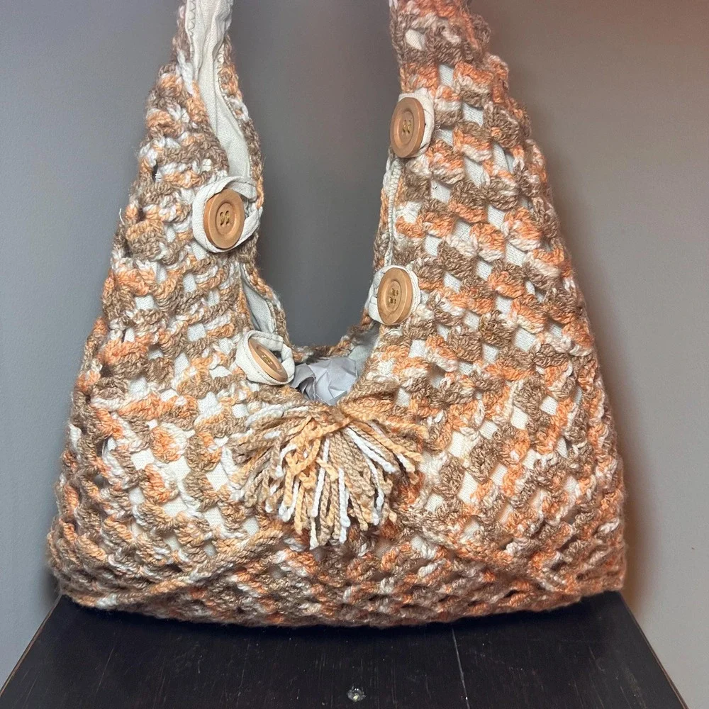Handmade Crochet Hobo Bag Lined Boho Shoulder Purse Peach Tan Cream Wood Buttons